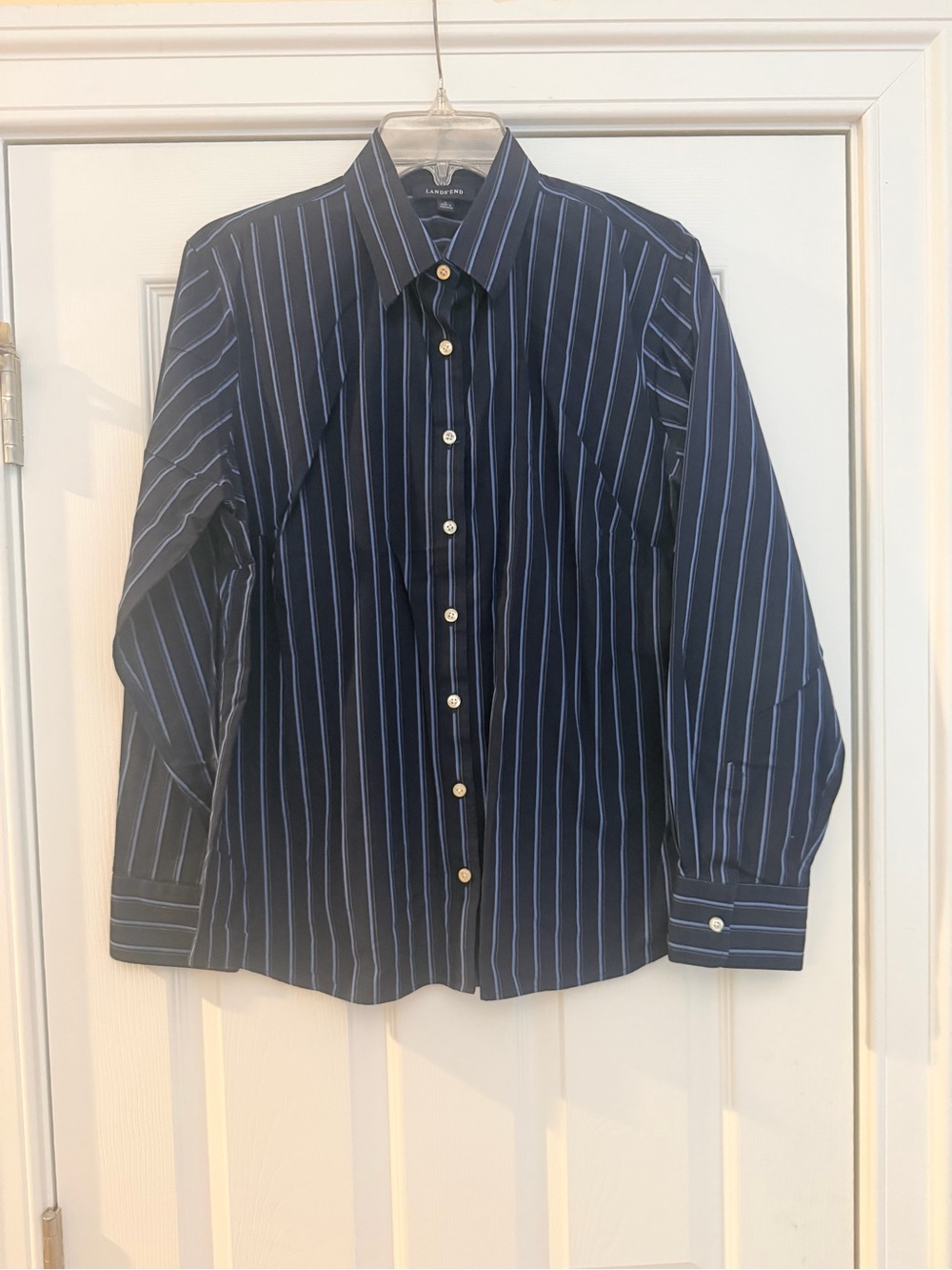 Men's Size 16 "Lands' End" Navy Blue Pinstripe Button-Up Shirt GUC